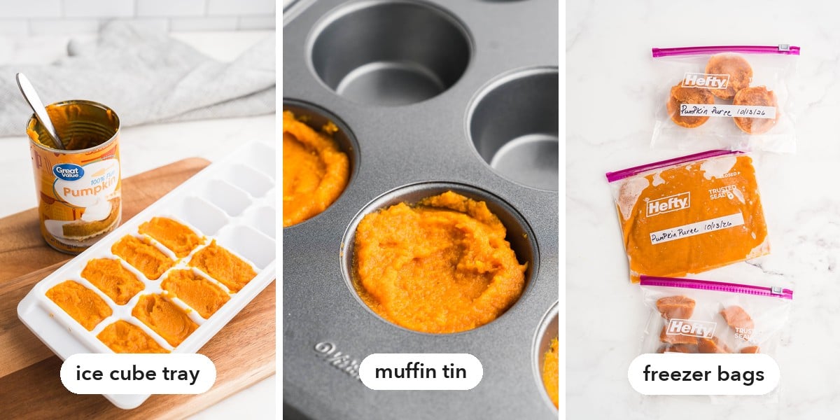 Portions frozen in an ice cube tray, a muffin tin and labeled freezer bags