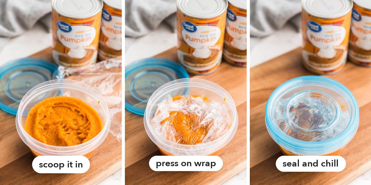 Leftovers scooped into a container, covered with plastic wrap and sealed with a lid