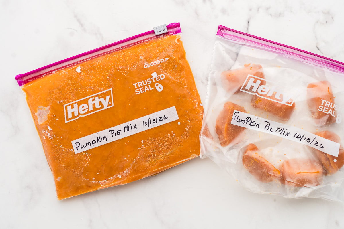 Labeled freezer bags, one frozen flat and one with frozen cubes