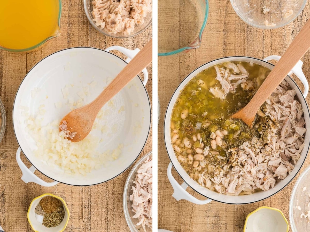 Sauteed onion in a white pot, then broth, beans, green chiles and spices stirred in